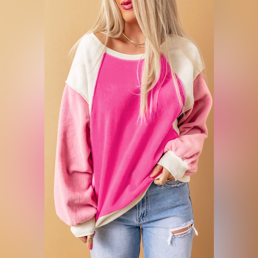 Pink Colorblock Long Sleeve Pullover Fleece Sweatshirt Listicle Boutique Top